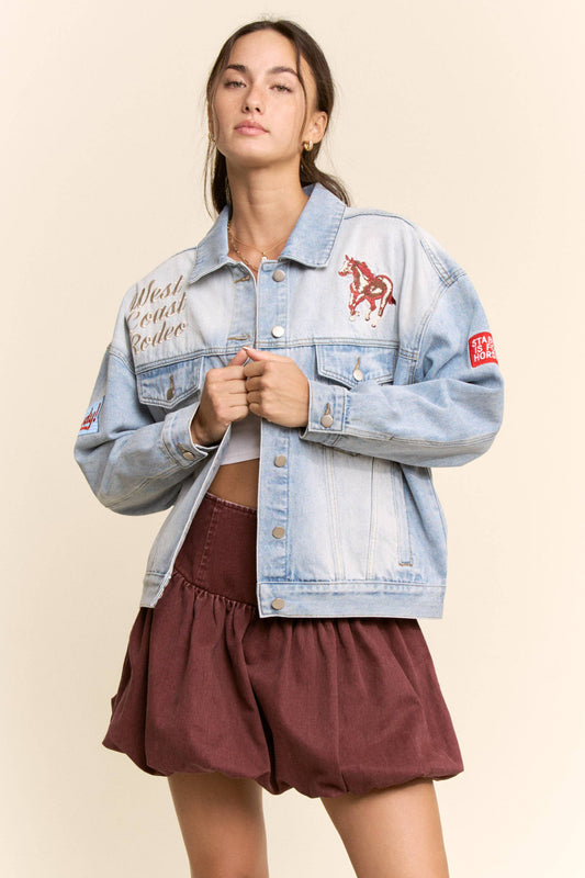 Davi & Dani - EMBROIDERED WESTERN DENIM TRUCKER JACKET
