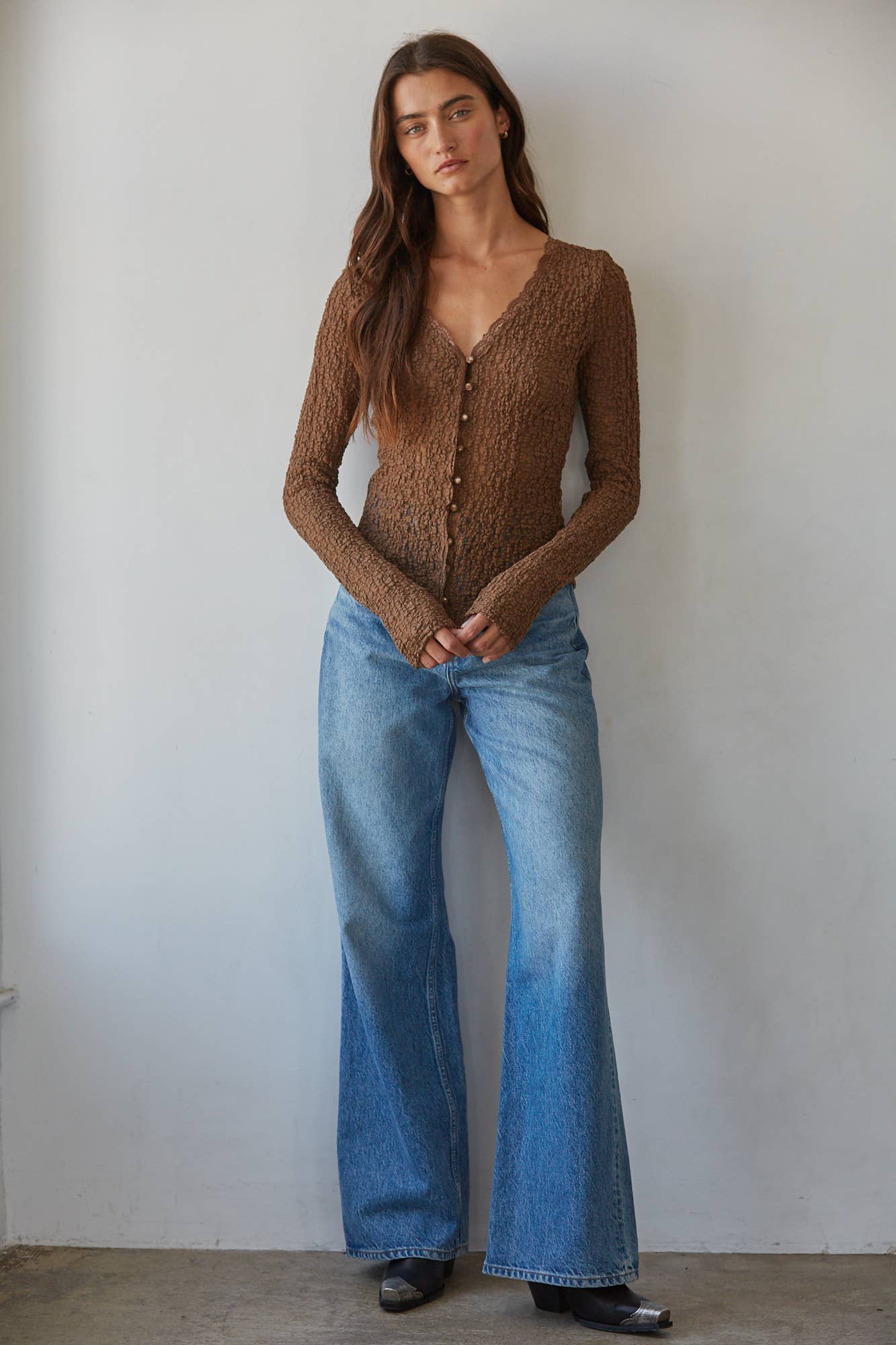 By Together  Woven Cotton Nylon Spandex Lace Button Down Top