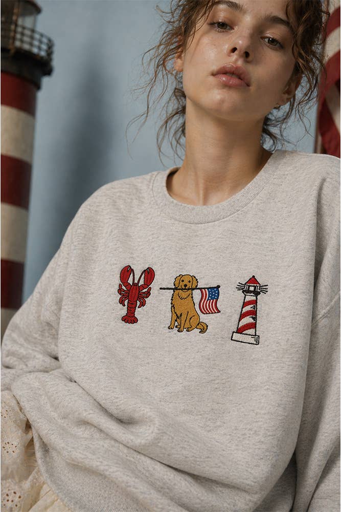 Sweet Claire - Patriotic Retriever Nautical Embroidered Grey Sweatshirt
