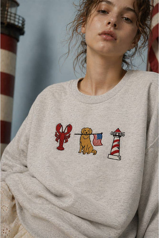 Sweet Claire - Patriotic Retriever Nautical Embroidered Grey Sweatshirt