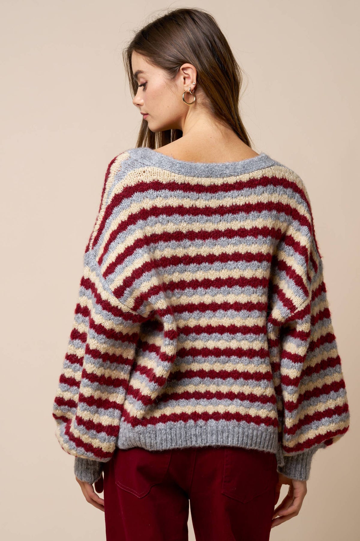 Lalavon - Relaxed Stripe V-Neck Button Cardigan