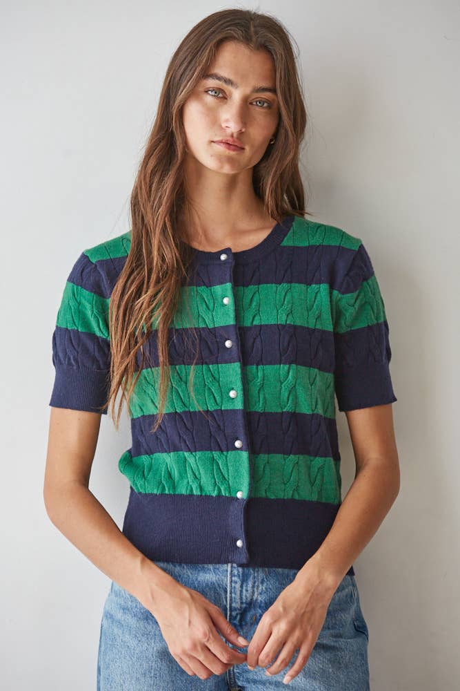 By Together -  Cable Knit Button Down Short Sleeve Cardigan Top