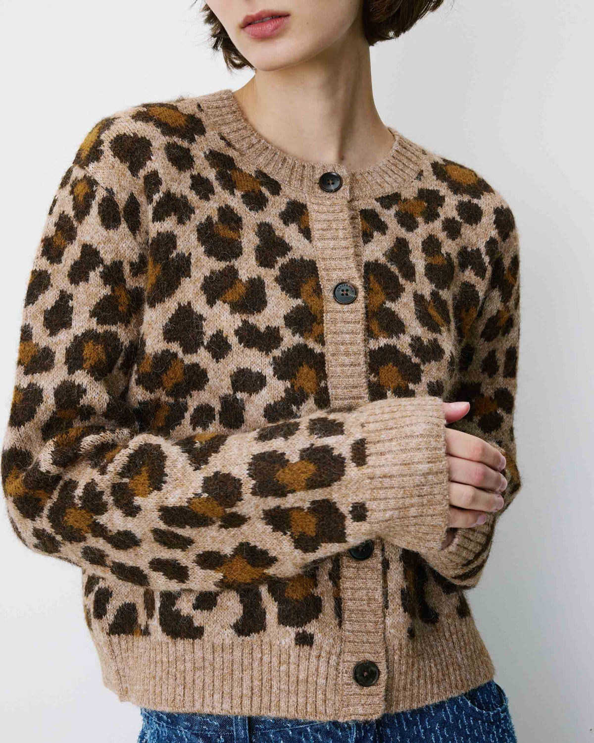 Grace & Mila Crew Neck Cardigan Leopard