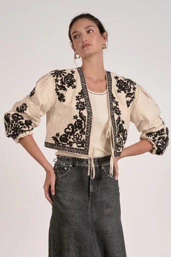 Elan -Embroidered Cropped Tie-Front Jacket