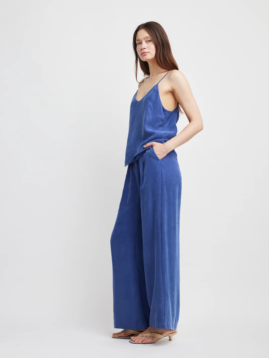Self Contrast Caroline Satin Navy Pants