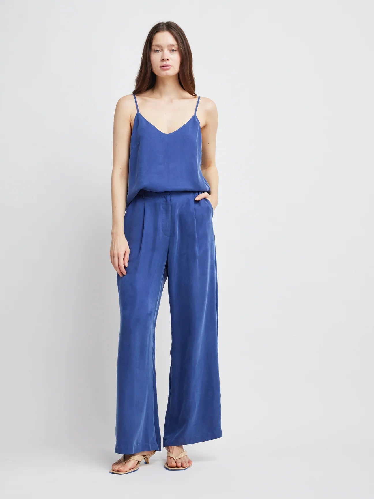 Self Contrast Caroline Satin Navy Pants