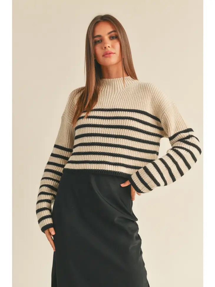 Striped Pattern Mock Neck Sweater