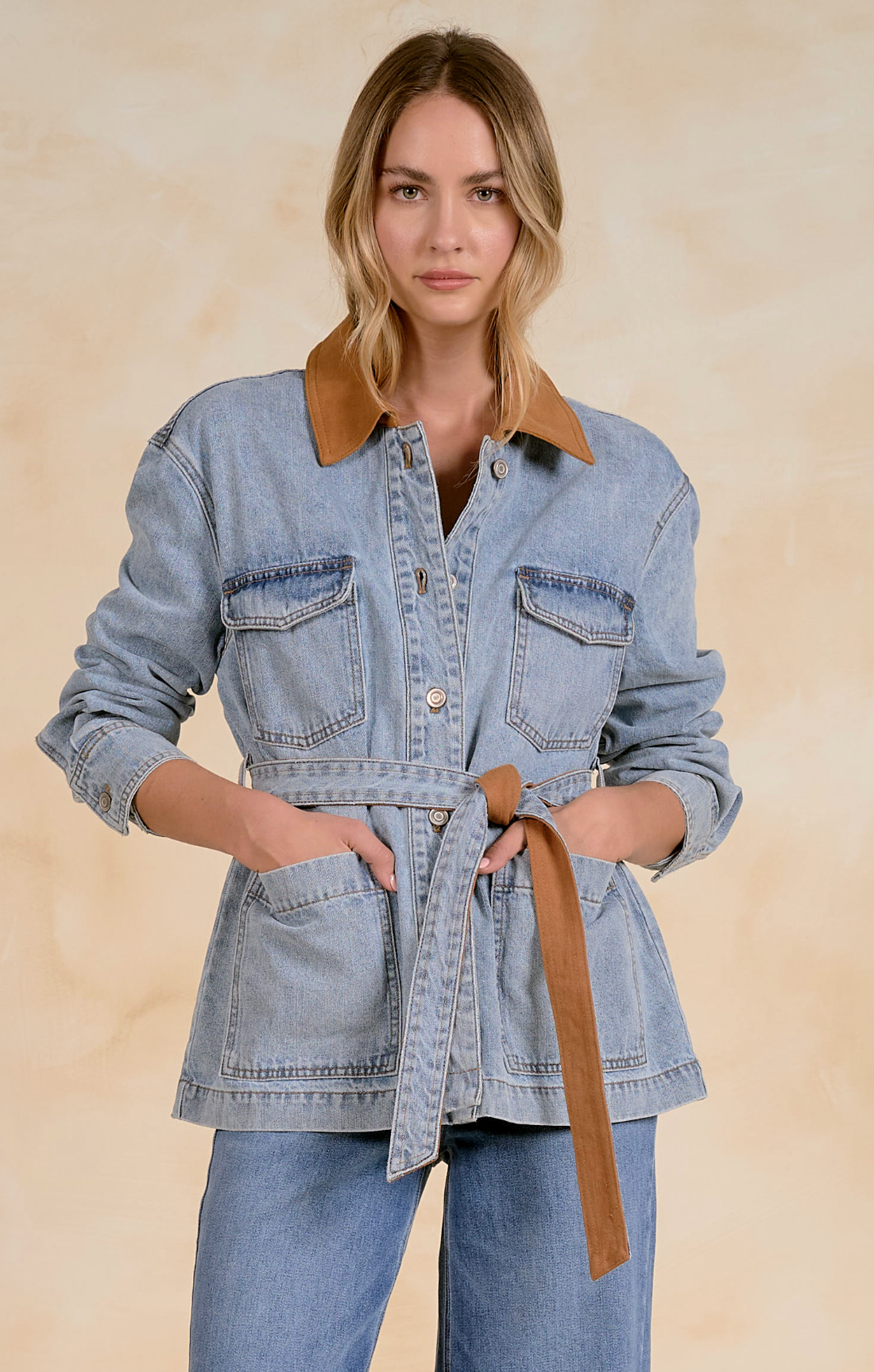 Elan Tie Front Denim Jacket With Collar