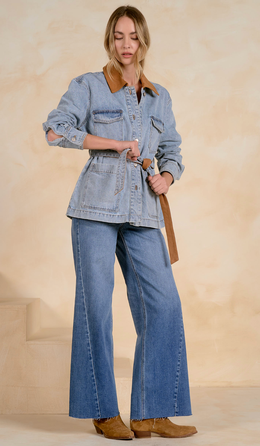 Elan Tie Front Denim Jacket With Collar