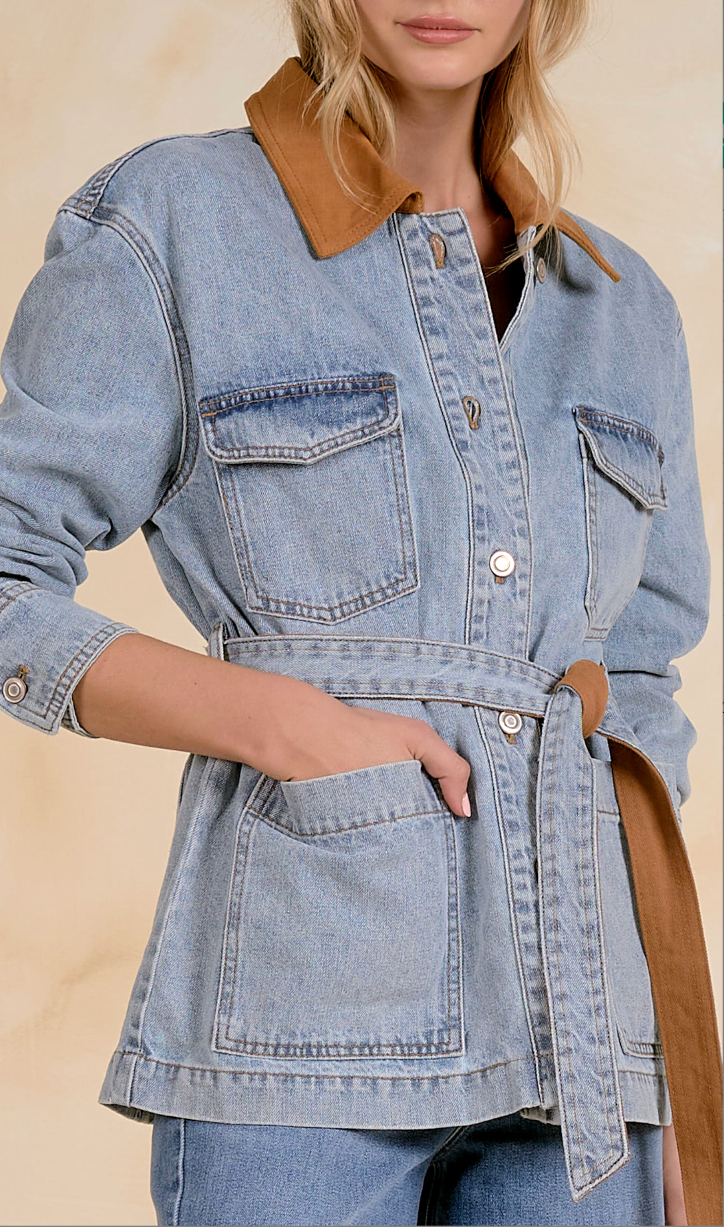 Elan Tie Front Denim Jacket With Collar