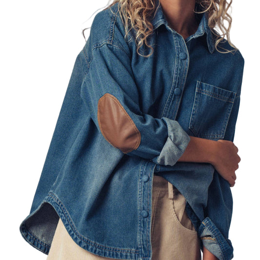 Urban Daizy - Elbow Patch Denim Button-Up Shirt