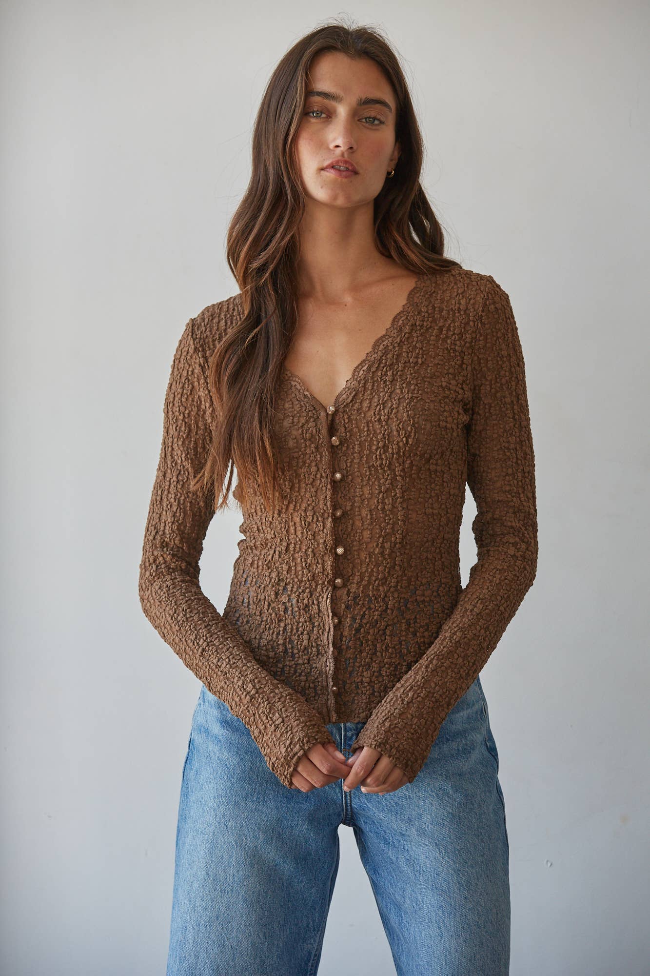 By Together  Woven Cotton Nylon Spandex Lace Button Down Top