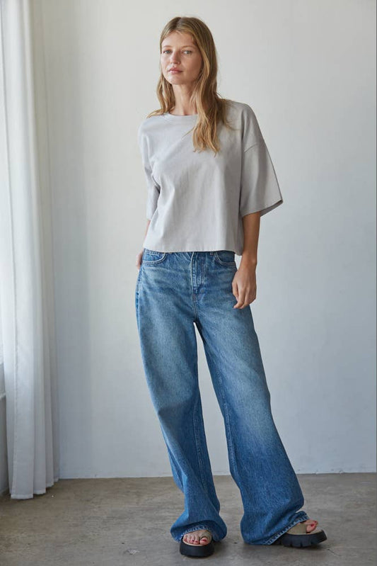 By Together -  Knit Cotton Crew Neck Drop Shoulder Short Sleeve Top