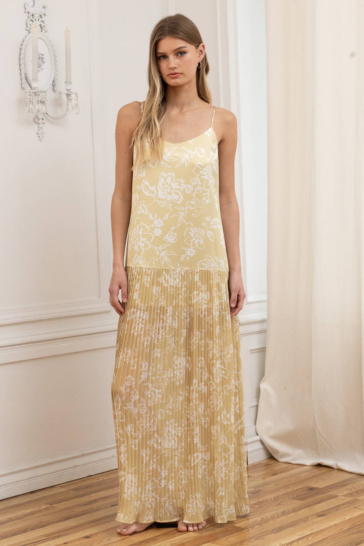 RAISONNEL - Satin Bodice Chiffon Pleated Midi Dress
