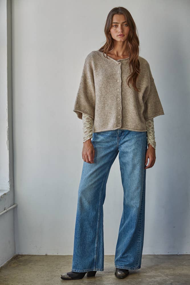 By Together -  Knit Sweater Quarter Sleeve Button Up Cardigan Top