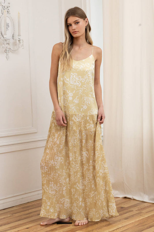 RAISONNEL - Satin Bodice Chiffon Pleated Midi Dress