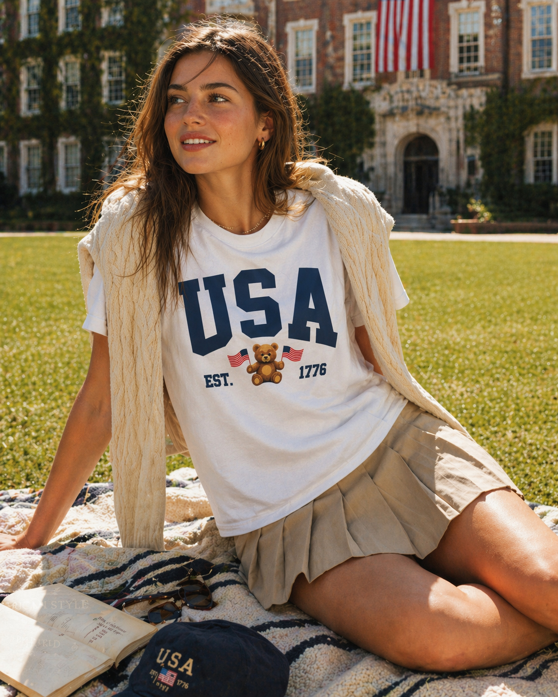 Sweet Claire - Patriotic USA Teddy Relaxed White T-Shirt