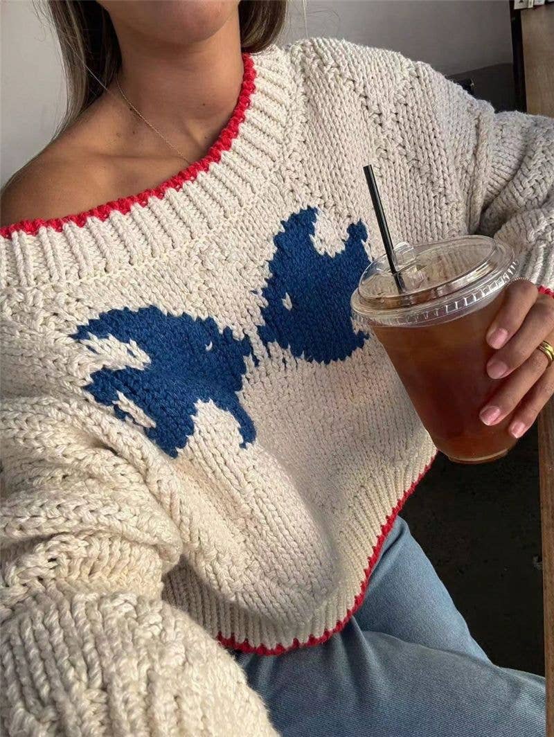 HIDDENBRAND - Ocean Fish Graphic Contrast Trim Crew Sweater