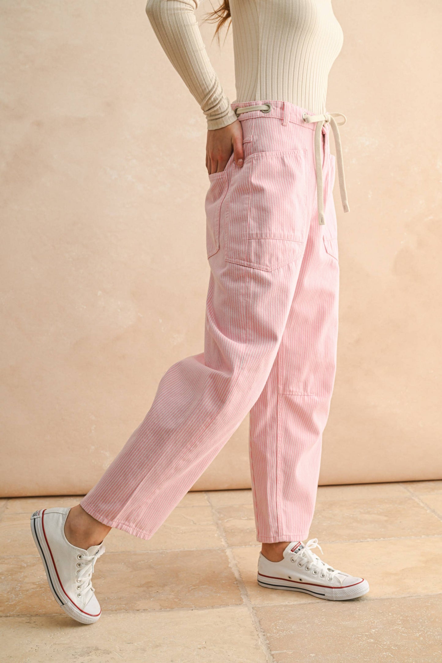MIOU MUSE - STRIPED BARREL PANTS WITH TIE  IN FRONT