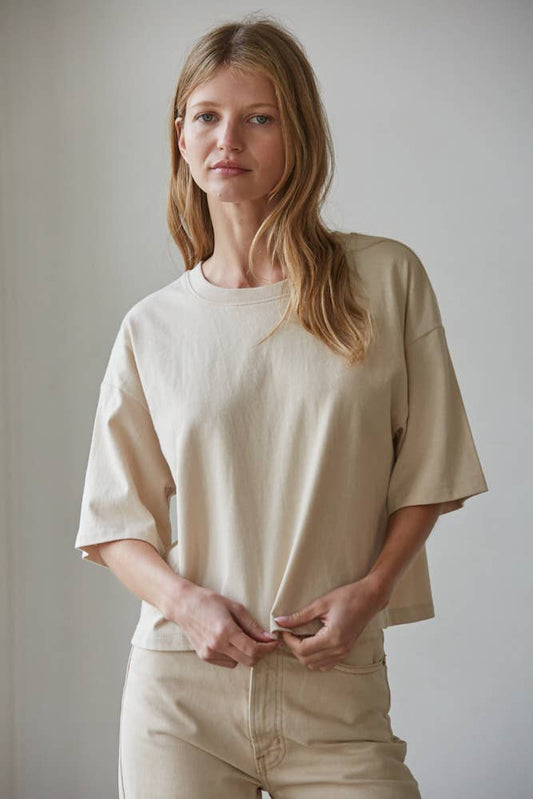 By Together - Knit Cotton Crew Neck Drop Shoulder Short Sleeve Top