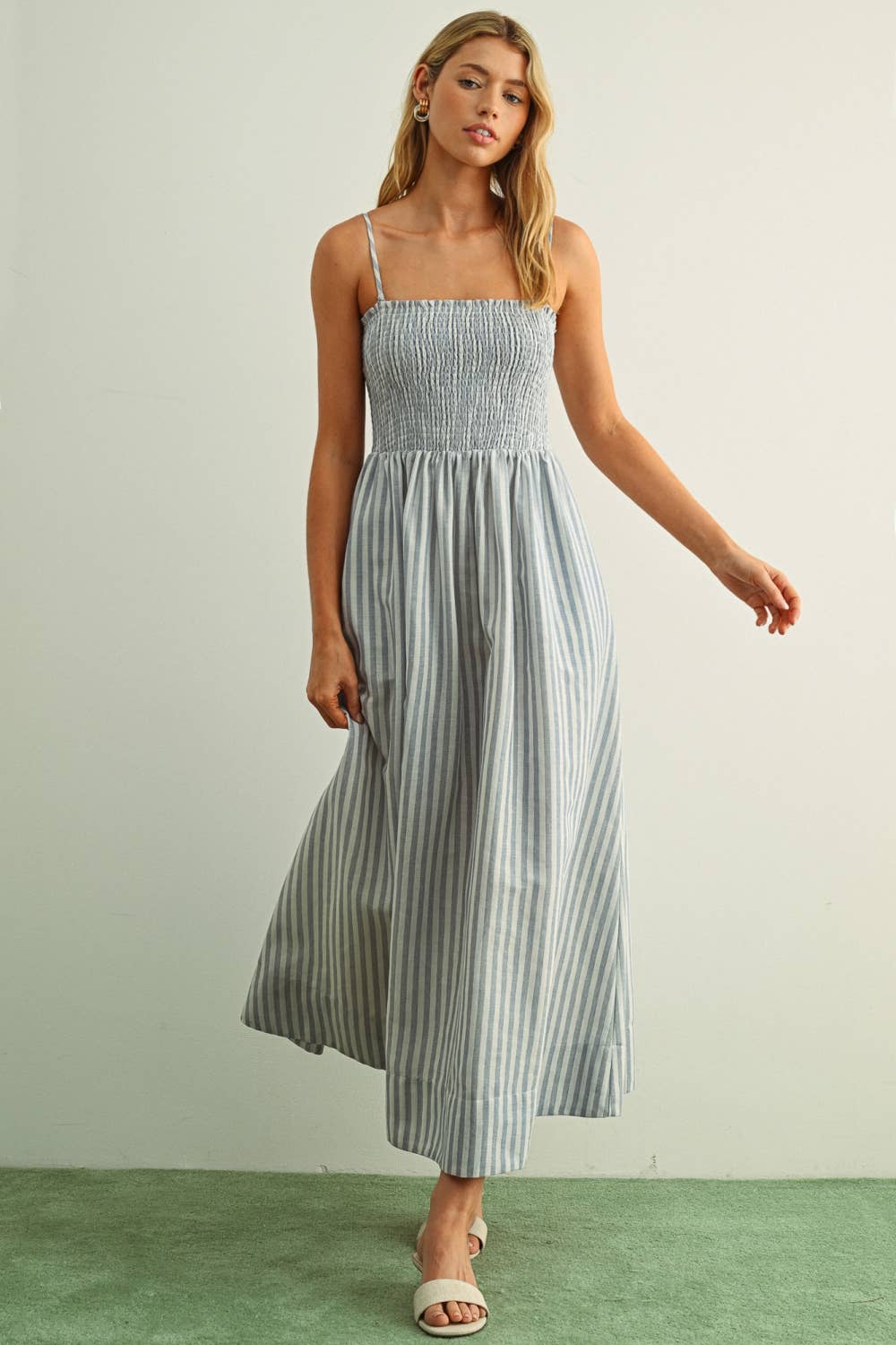MIOU MUSE -   STRIPED FABRIC WITH SMOCKING TOP MAXI DRESS