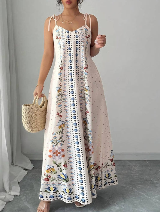 HIDDENBRAND - Vacation Tie Spaghetti Floral Print Strap Maxi Dress