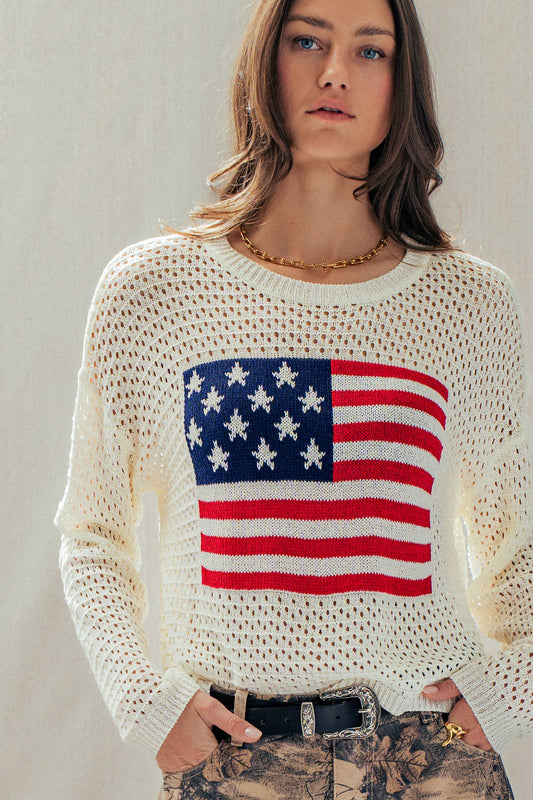 Urban Daizy - Patriotic American Flag Open Knit Sweater
