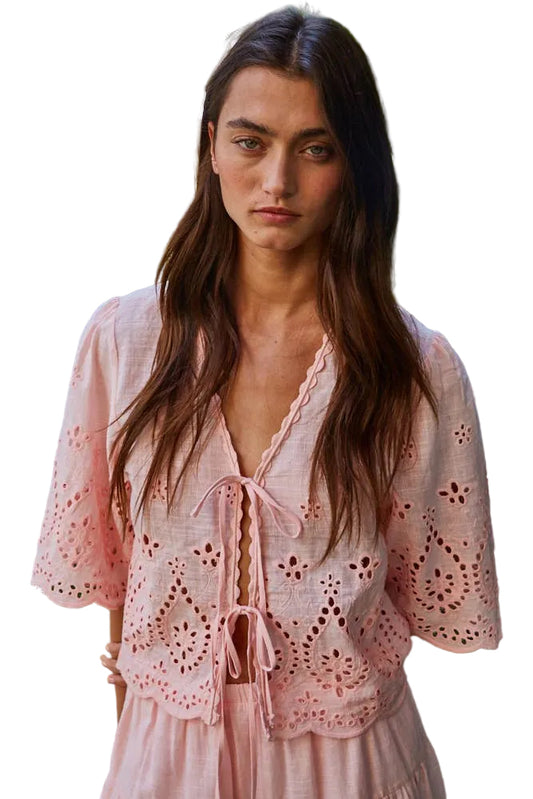 By Together - Woven Cotton Embroidered V-Neck Open Top