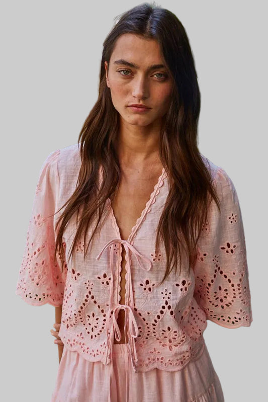 By Together - Woven Cotton Embroidered V-Neck Open Top