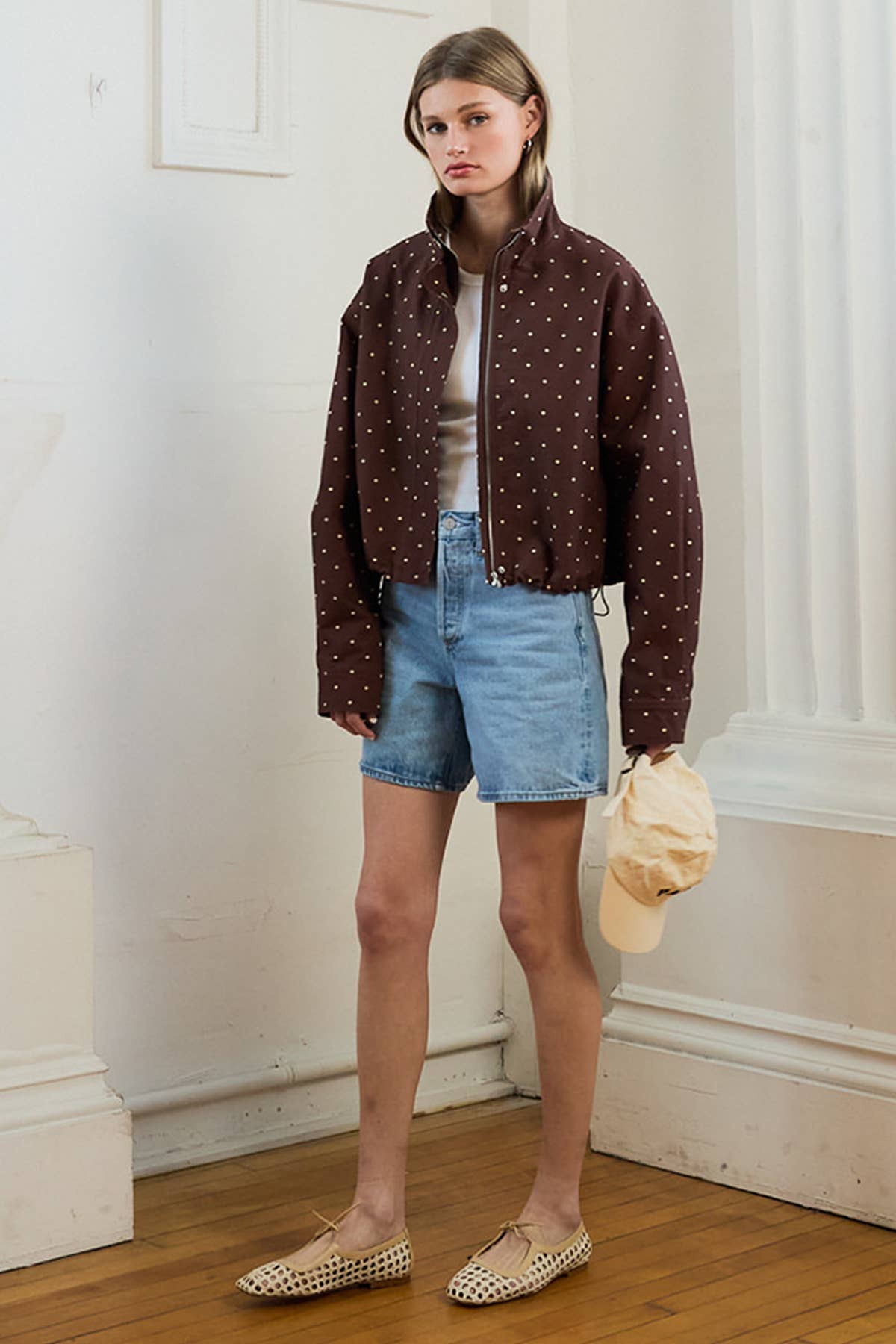 RAISONNEL - Polka Dot High Neck Drawstring Pullover Jacket