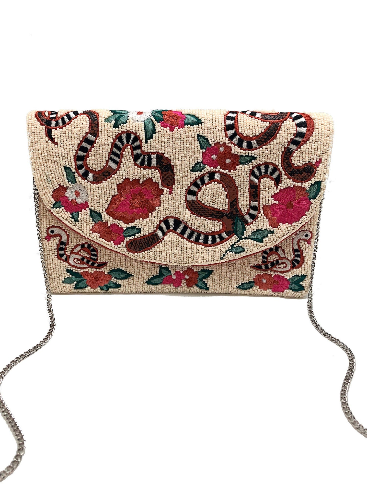 CREAM BEADED CLUTCH WITH FLORAL AND SNAKE EMBROIDERY