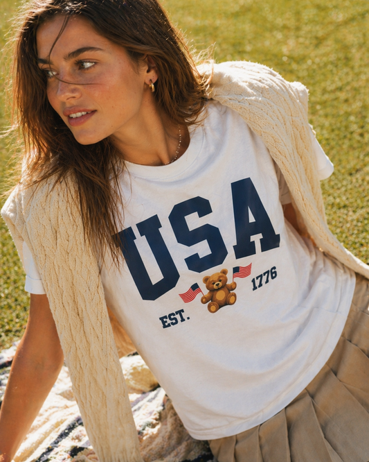 Sweet Claire - Patriotic USA Teddy Relaxed White T-Shirt