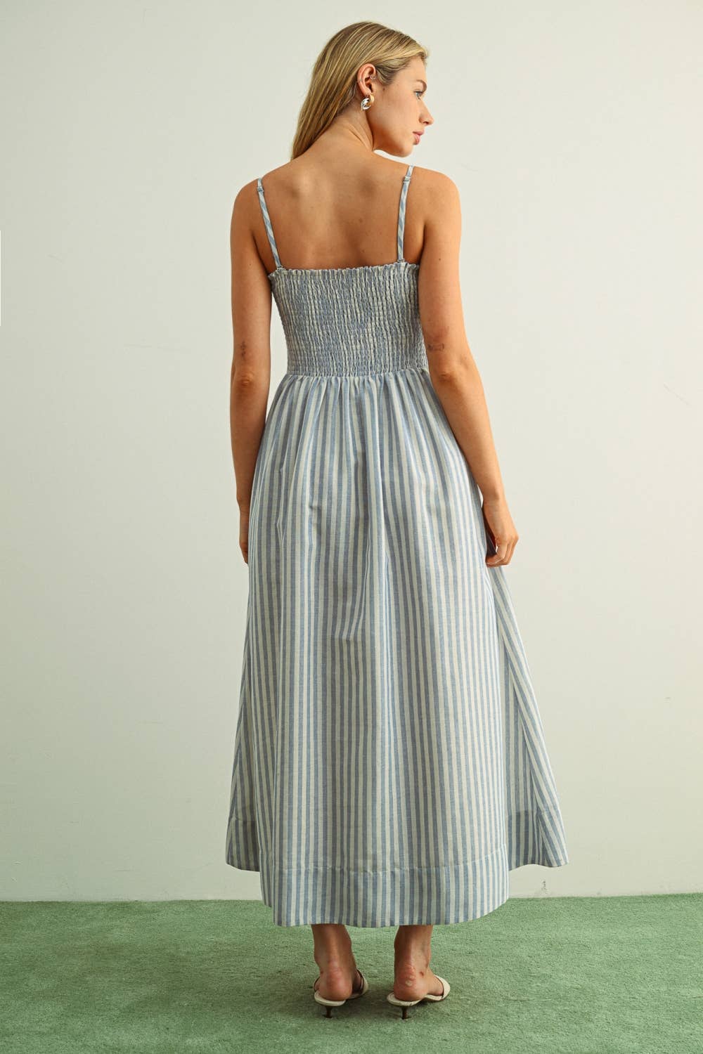 MIOU MUSE -   STRIPED FABRIC WITH SMOCKING TOP MAXI DRESS