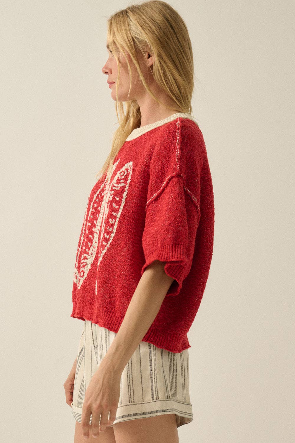 Promesa USA - Three Fishes Textured Jacquard-Knit Short-Sleeve Sweater