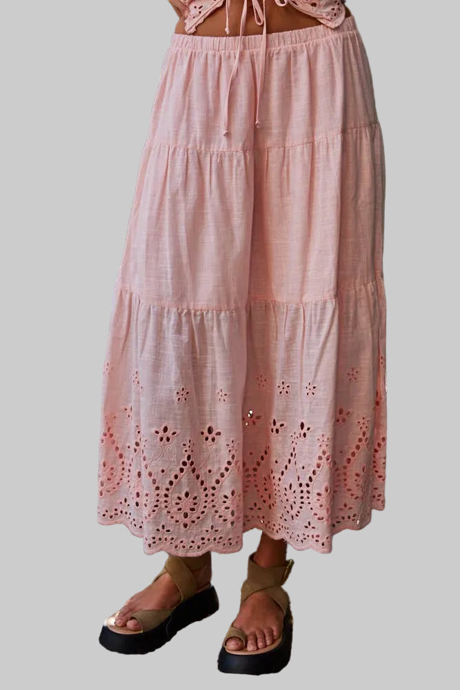 By Together - Woven Cotton Embroidered Waist Banded Ruffled Skirt