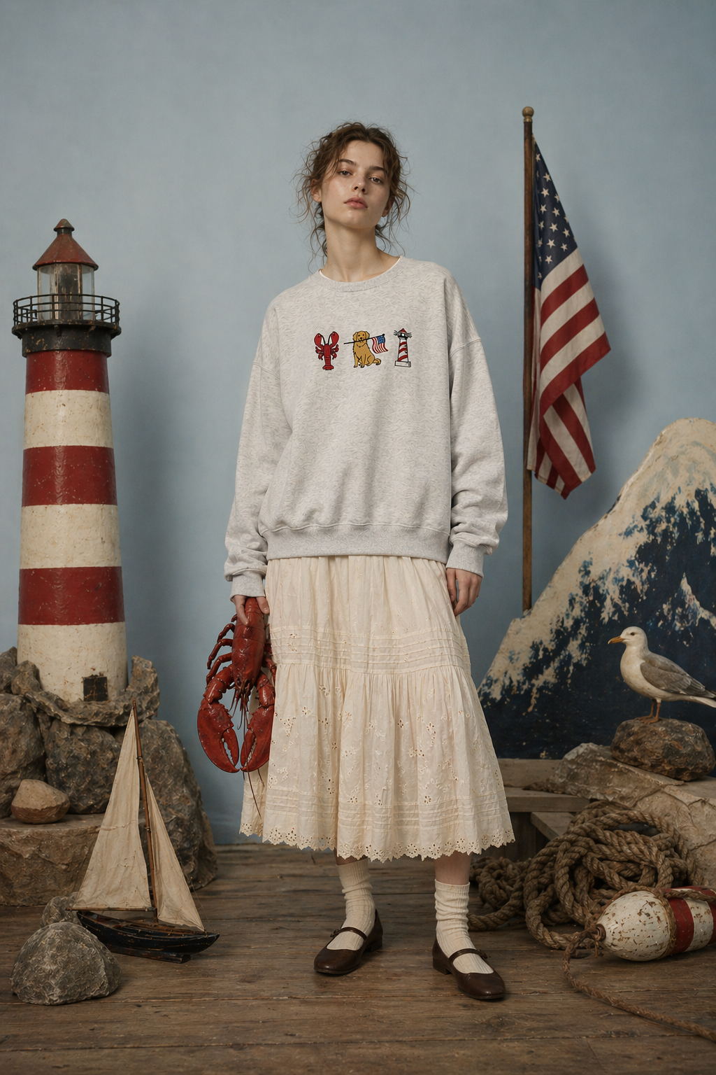 Sweet Claire - Patriotic Retriever Nautical Embroidered Grey Sweatshirt