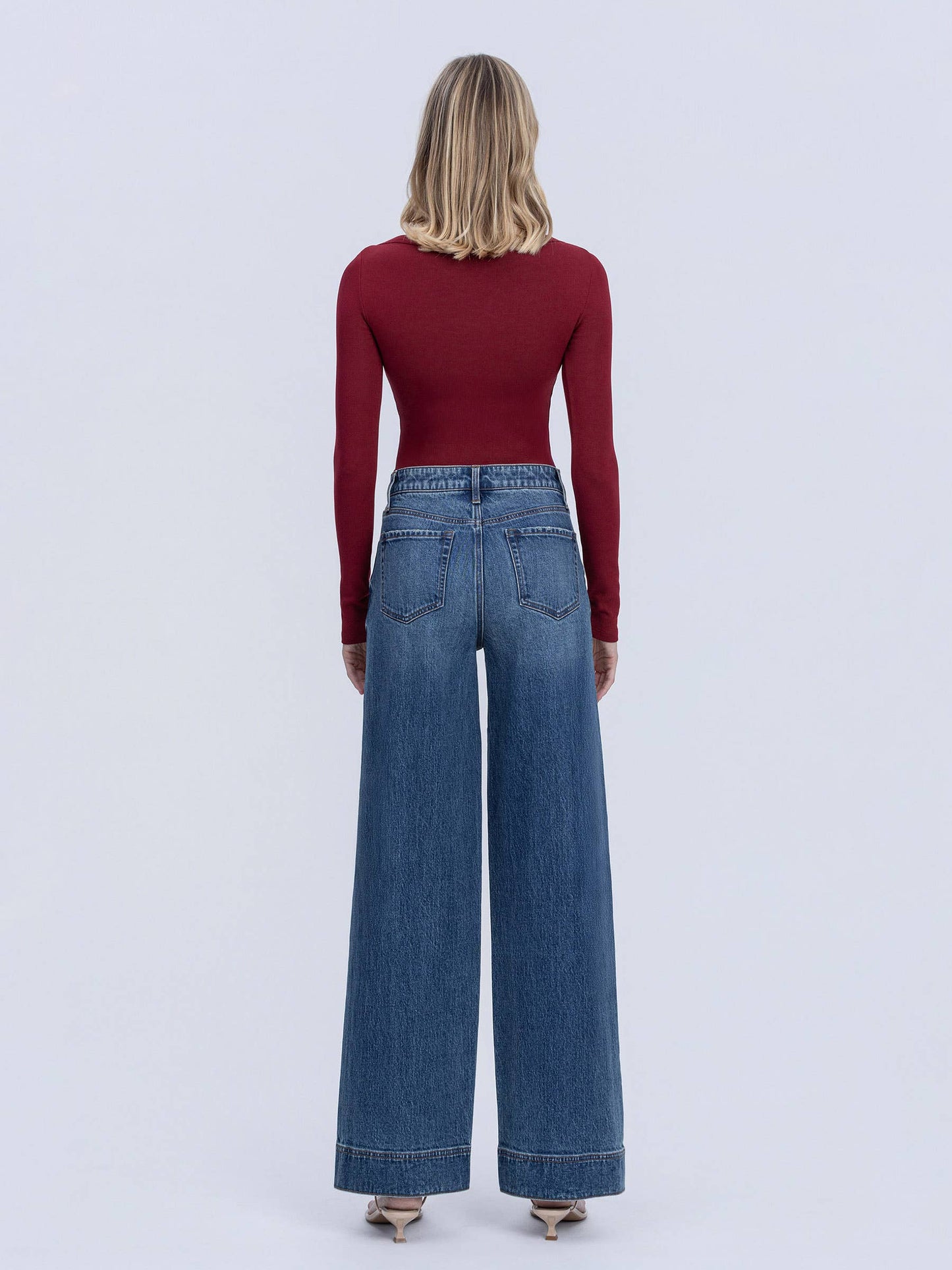 VERVET by FLYING MONKEY - SUPER HIGH RISE TROUSER HEM BAGGY WIDE LEG JEANS T7097