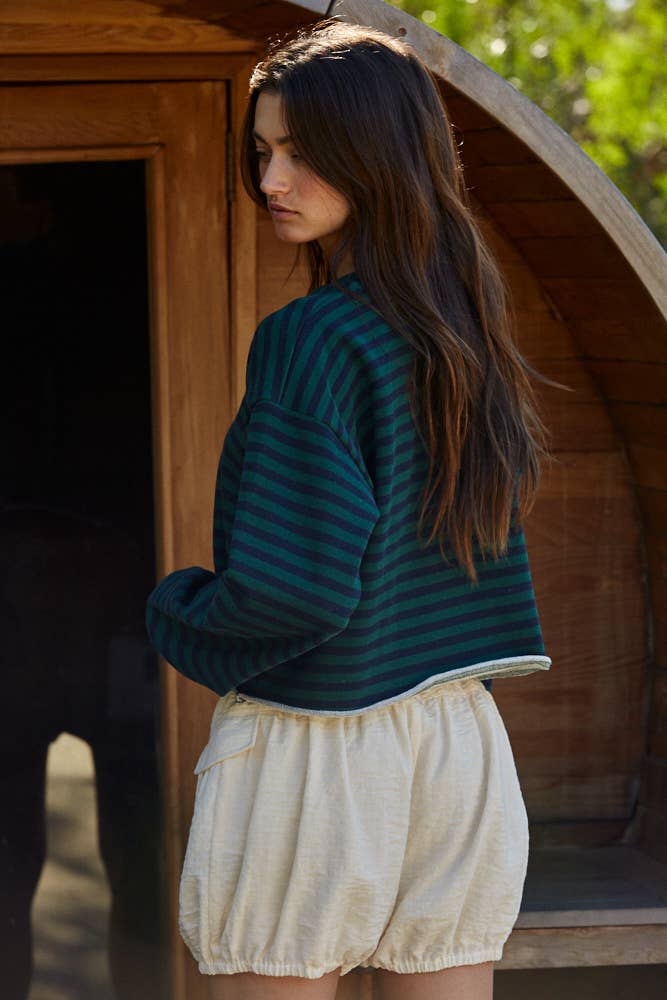 L8344 | Knit Cotton Striped Crew Neck Long Sleeve Pullover