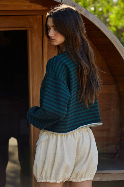 L8344 | Knit Cotton Striped Crew Neck Long Sleeve Pullover