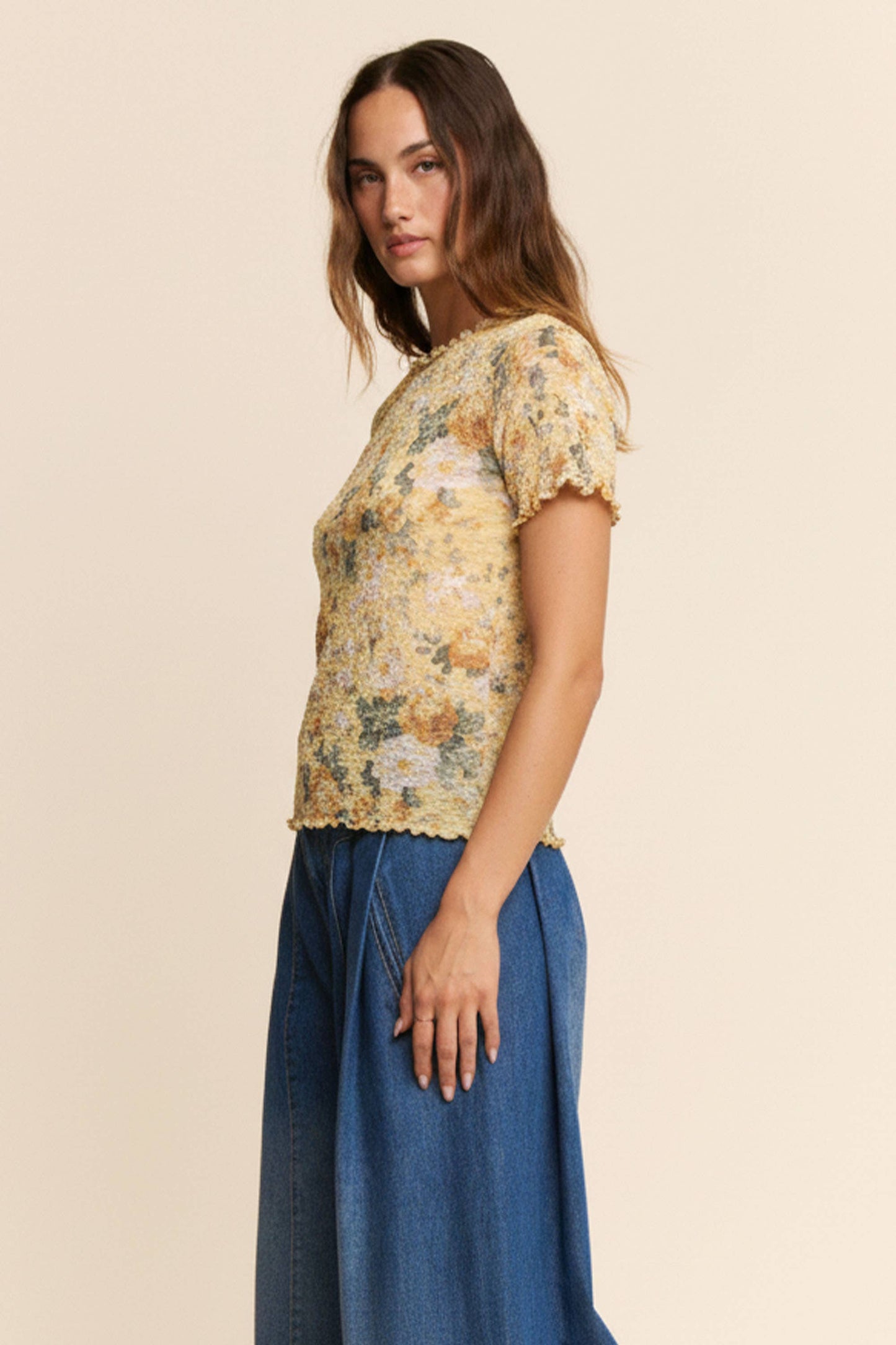 Davi & Dani - LETTUS HEM DETAIL PRINTED MESH LACE TOP