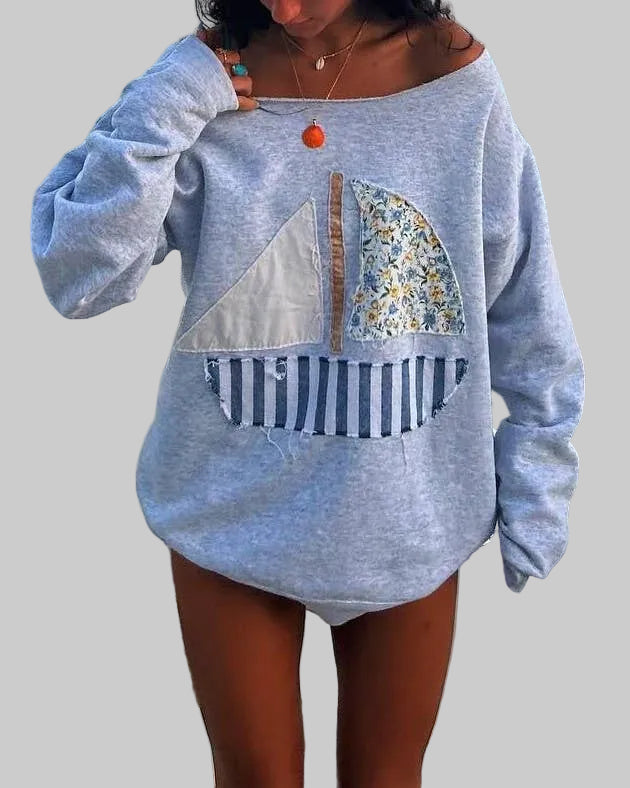 Anna Kaci Wholesale - Long Sleeve Top with Sailboat Applique