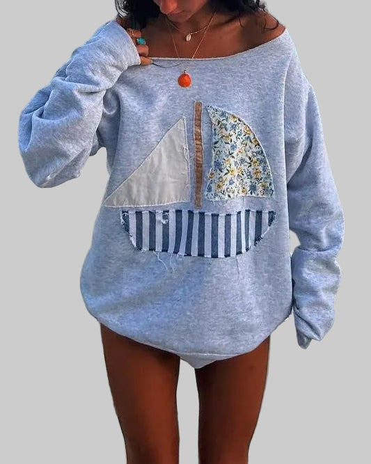 Anna Kaci Wholesale - Long Sleeve Top with Sailboat Applique