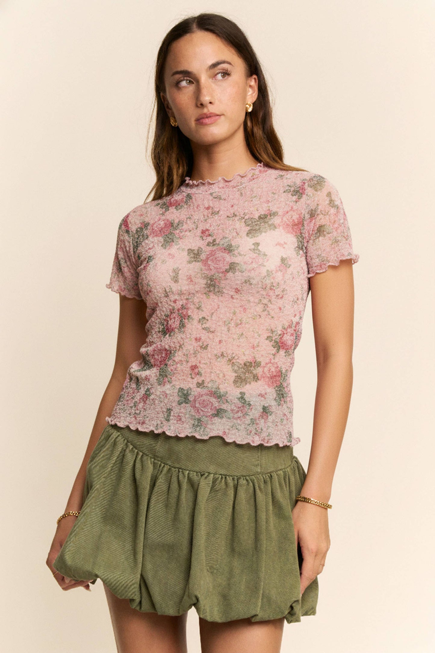 Davi & Dani - LETTUS HEM DETAIL PRINTED MESH LACE TOP