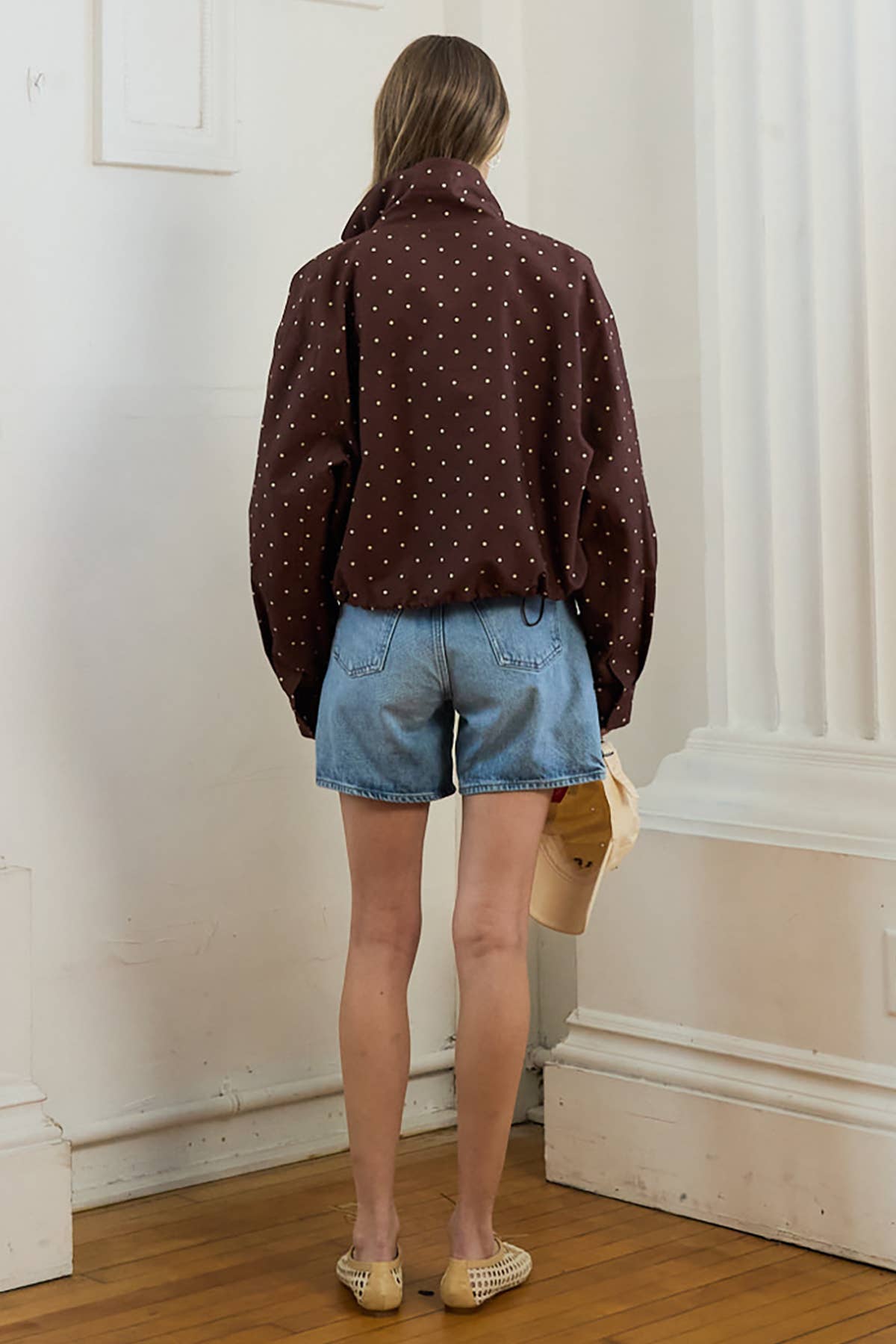 RAISONNEL - Polka Dot High Neck Drawstring Pullover Jacket