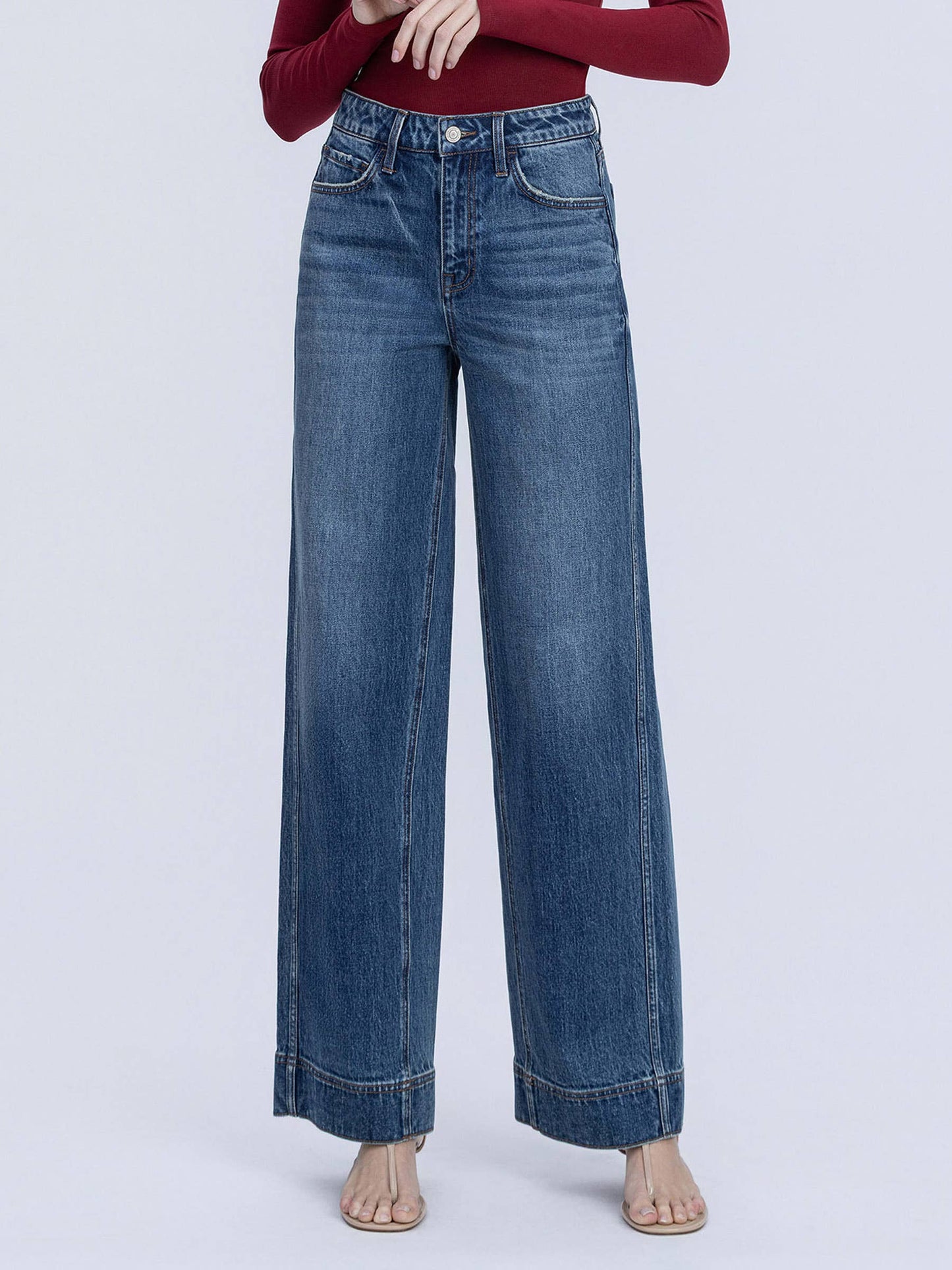 VERVET by FLYING MONKEY - SUPER HIGH RISE TROUSER HEM BAGGY WIDE LEG JEANS T7097