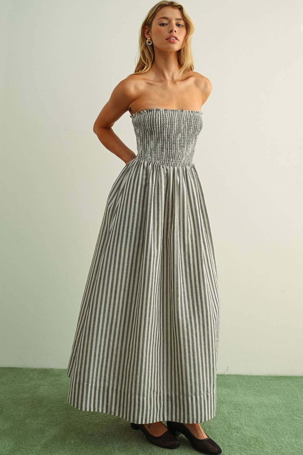 MIOU MUSE -   STRIPED FABRIC WITH SMOCKING TOP MAXI DRESS