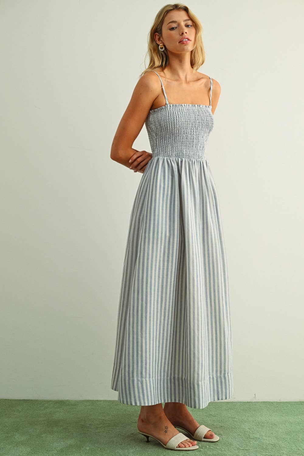 MIOU MUSE -   STRIPED FABRIC WITH SMOCKING TOP MAXI DRESS