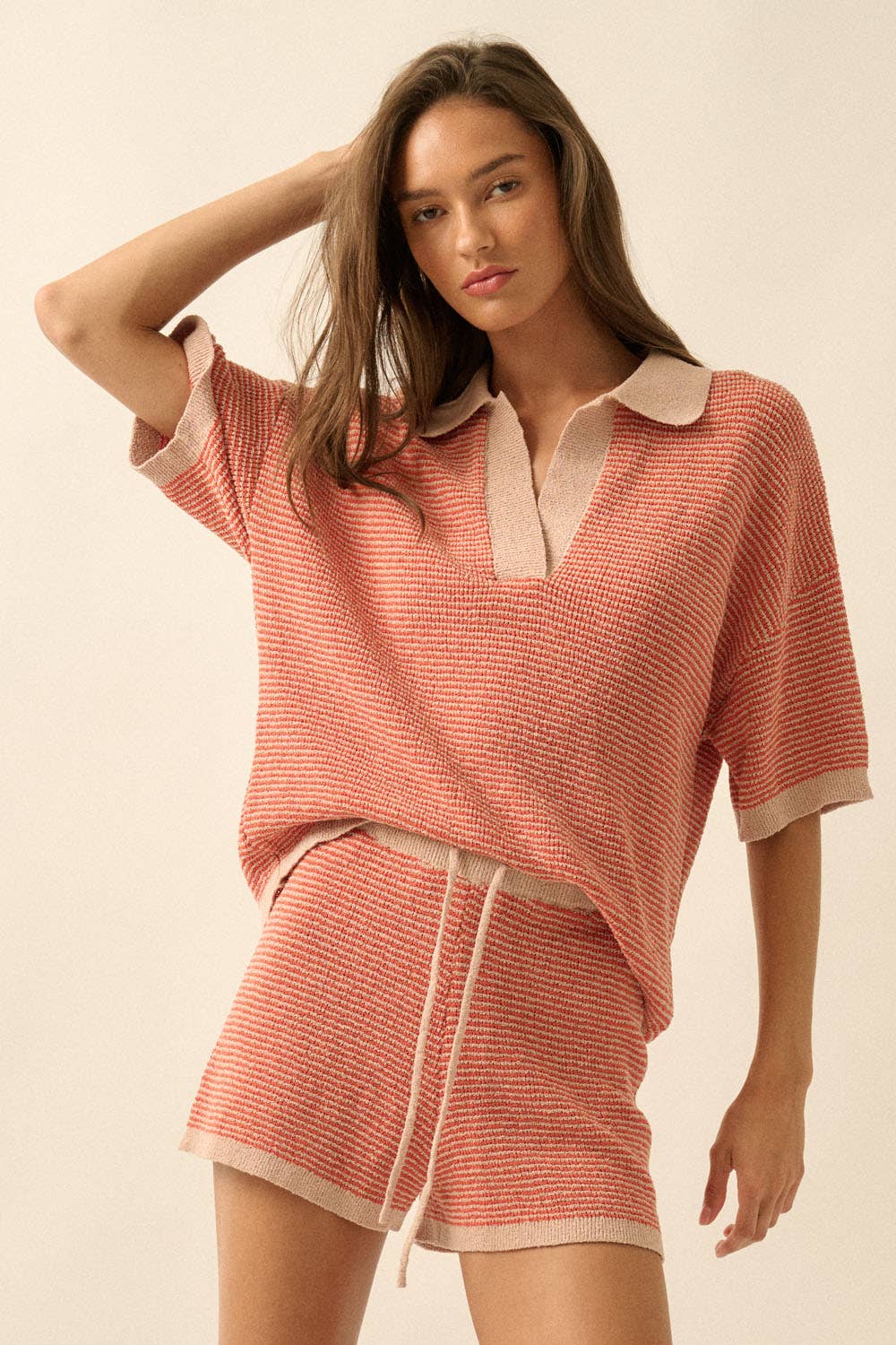 Promesa USA - Striped Rib-Knit Collared Split-Neck Top