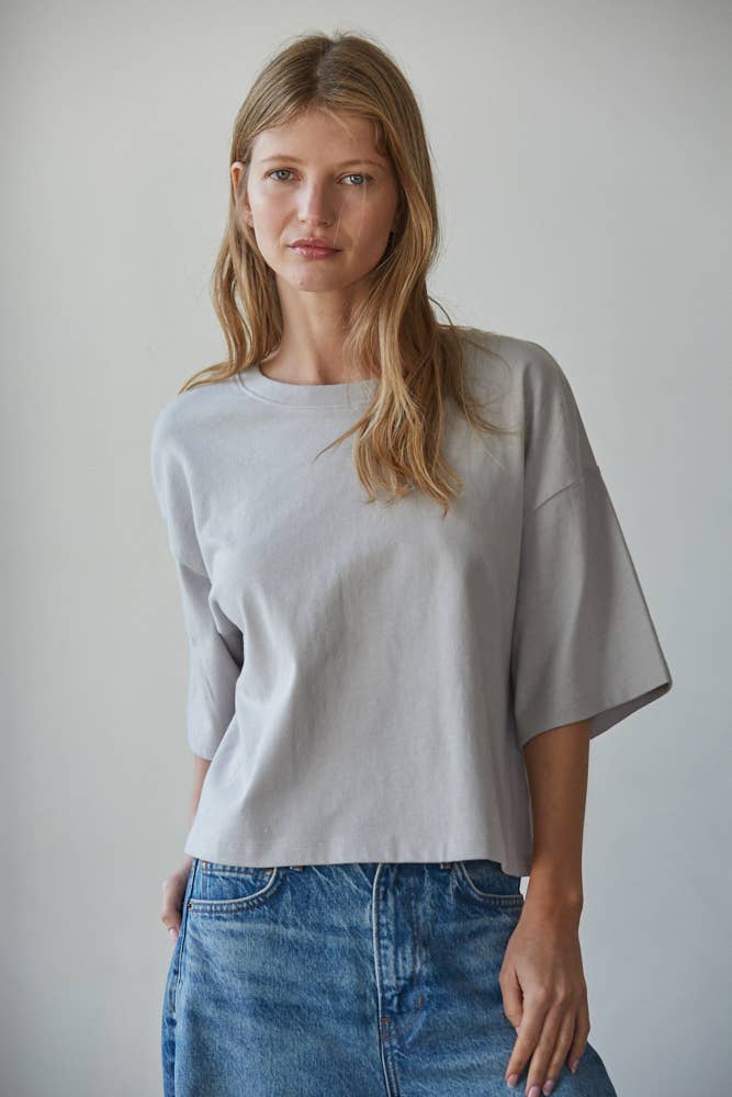 By Together -  Knit Cotton Crew Neck Drop Shoulder Short Sleeve Top