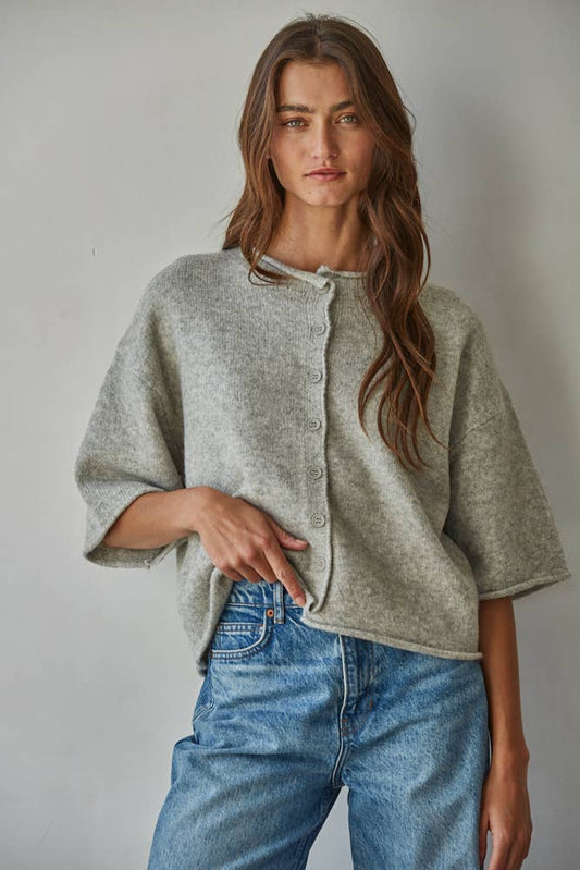 By Together -  Knit Sweater Quarter Sleeve Button Up Cardigan Top